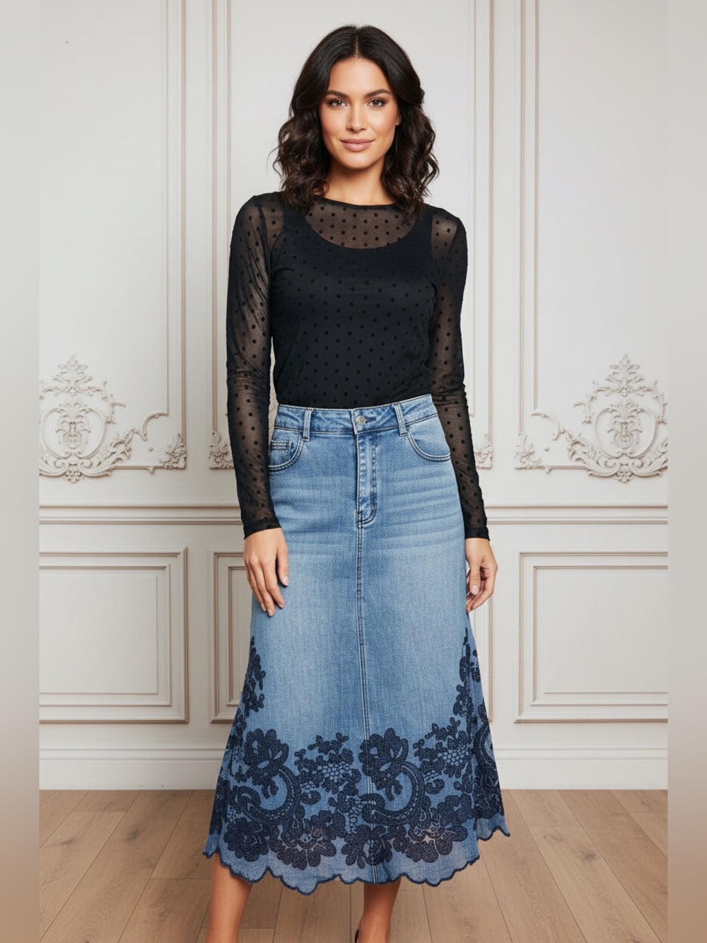 A-Line Denim Skirt with Navy Velvet Hem